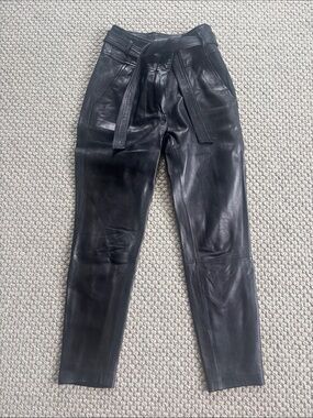 Veronica Beard Leather High-Rise Black Leather Tie-Waist Pants